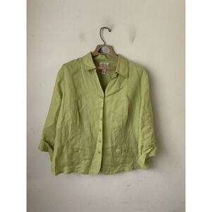 Talbots Womens Shirt 14W Green 100% Linen Spring Minimal Button Up Lagenlook